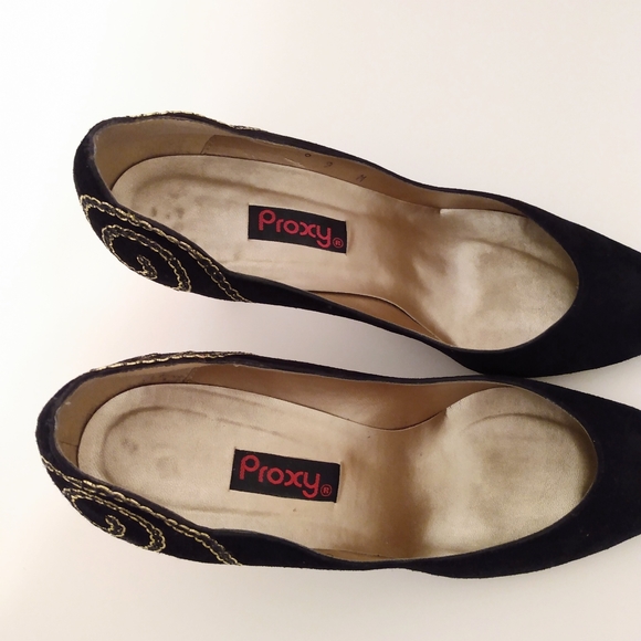 Proxy Black Gold Embellished Faux Suede Point Toe Evening Pump 3 1/2" Heels 9 M - Picture 7 of 9